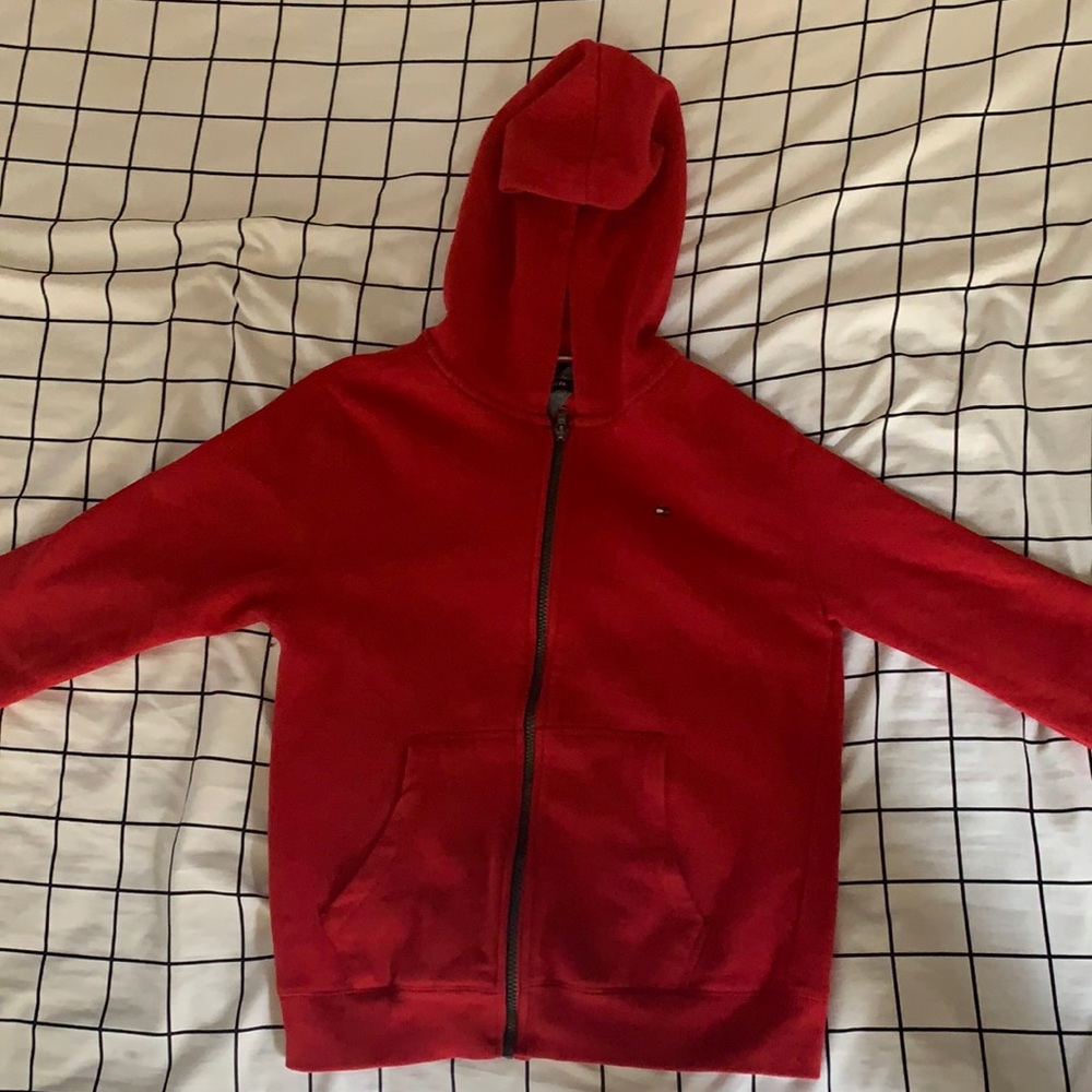 red, Tommy Hillfiger zip-up sweater.